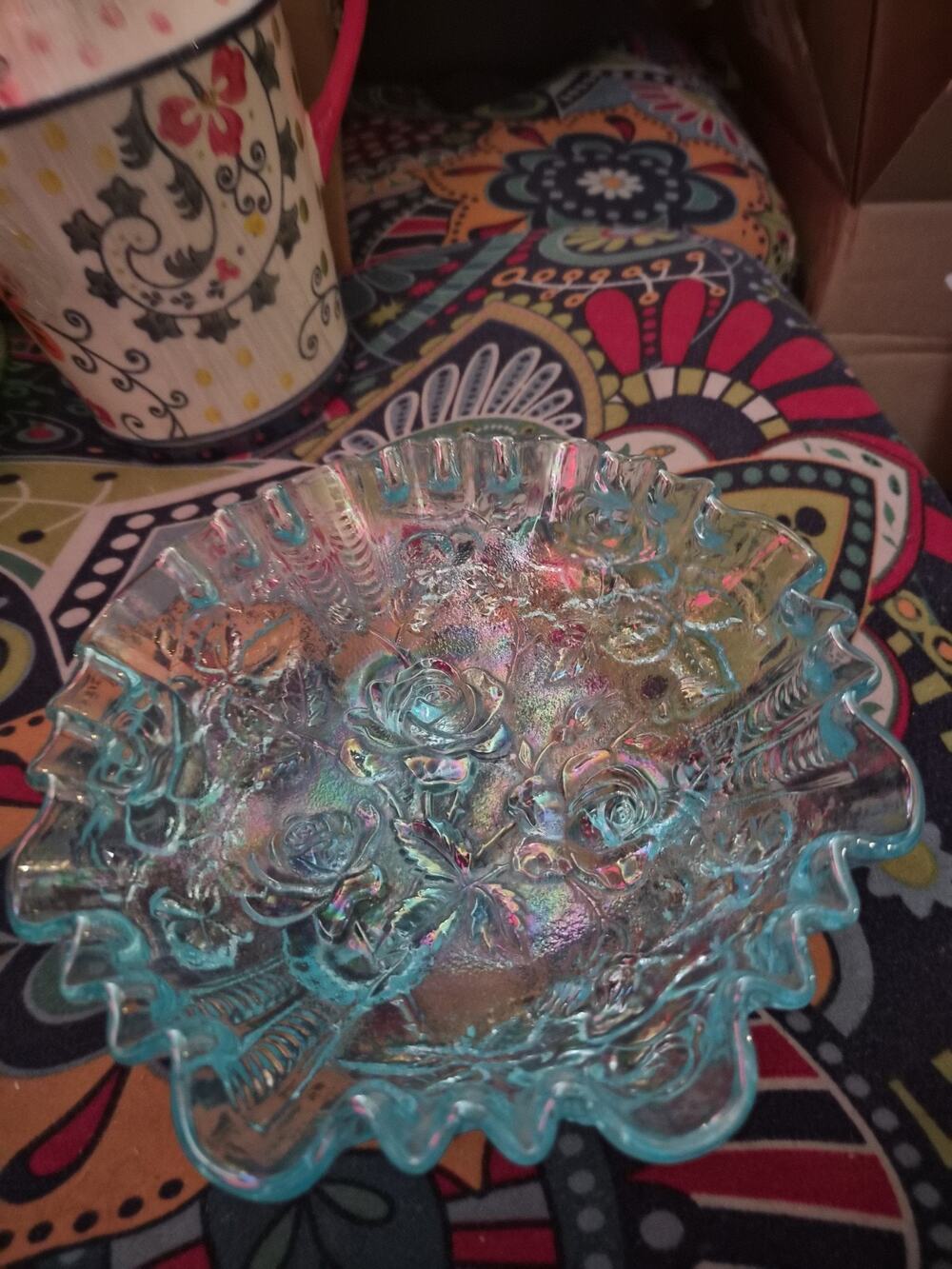 Vintage Imperial Glass Ice Blue Carnival Glass Footed Bowl In The Open...
